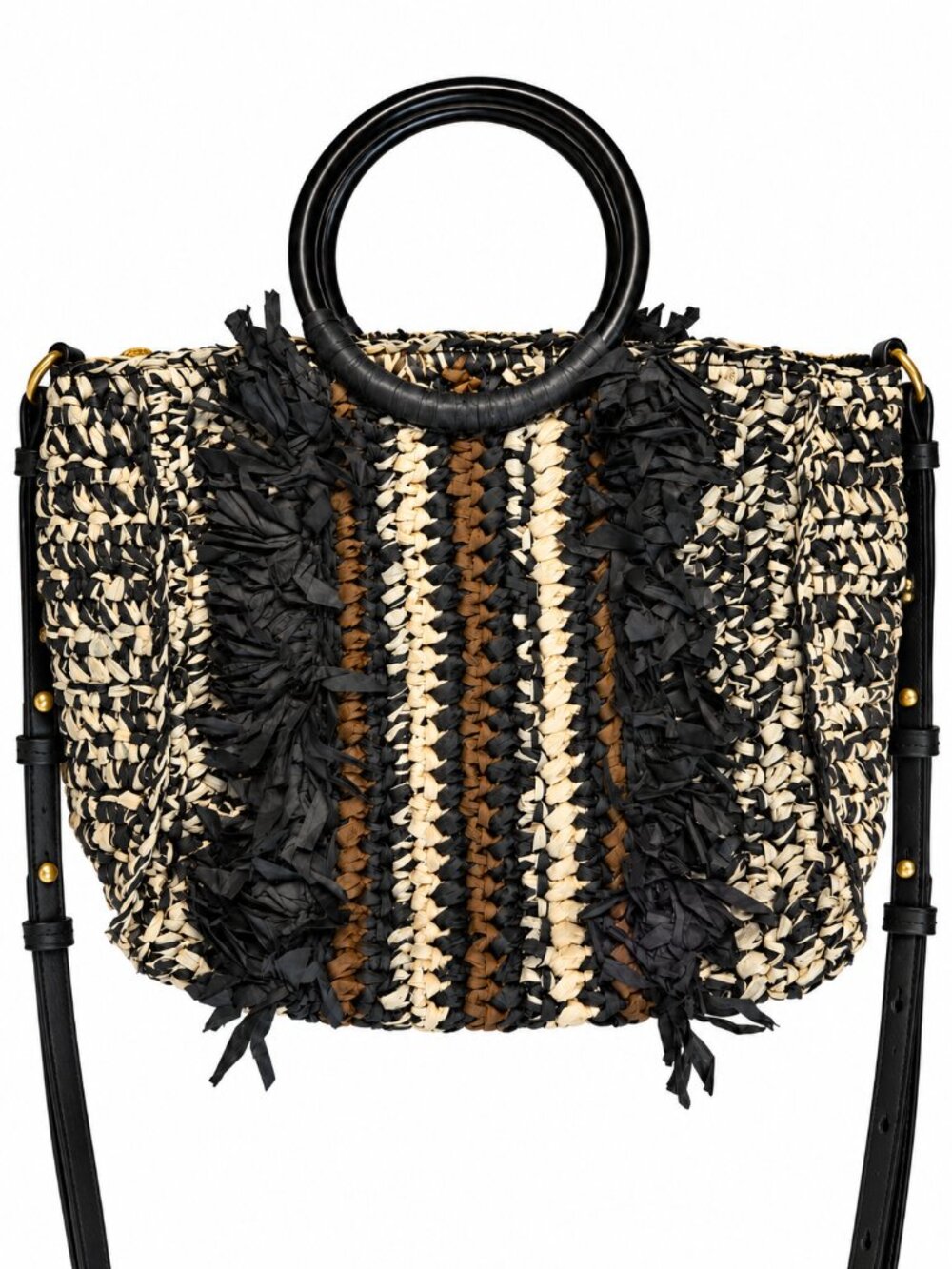Banana Republic Black Brown Marled Fringe Woven Straw Mini Tote